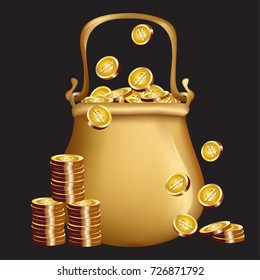 Vector golden cauldron with coins. Golden coins falling, pile of coins.
