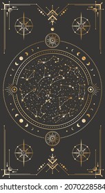 Vector golden celestial background with ornate outline geometric frame, magical circle with stars, zodiac constellations, moon phases and concentric circles. Occult linear banner. Tarot cards cover