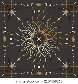 Vector golden celestial background with an ornate geometric frame with moon phases, arrows and crescents. Mystic linear square cover with a magical outline sun and star in a center