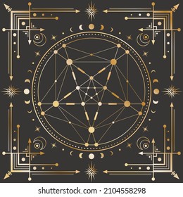 Vector golden celestial background with ornate geometric frame, magical circle with outline pentagram, moon phases, arrows and crescents. Mystic linear square cover with a star