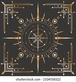 Vector golden celestial background with an ornate geometric frame with moon phases, arrows and crescents. Mystic linear square cover with a magical outline star and concentric circles