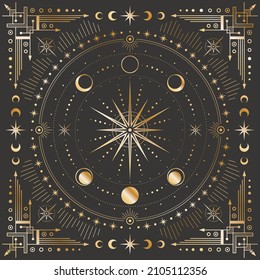 Vector golden celestial background with ornate geometric outline frame with arrows and crescents. Mystic linear square cover with a magical star, moon phases, dotted beams and radial circles