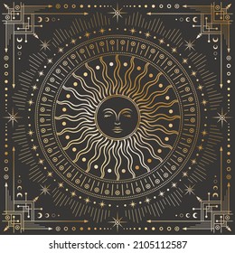 Vector golden celestial background with an ornate geometric outline frame with arrows, stars and crescents. Mystic linear square cover with a magical sun with a face, beams and radial circles