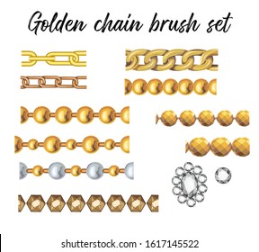 Vector Golden Chains With Round Chains, Pearls, Faceted Beads Chains, Crystals Collected In A Set Suitable For Creating Brushes For Adobe Illustrator.