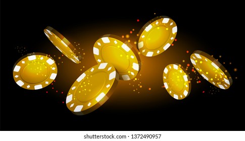 Vector golden chips flying with different angles isolated on glowing background