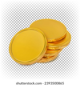 Vector golden chocolate coins isolated on white background. 3d realistic illustration.