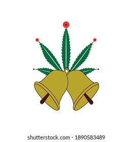 Vector golden Christmas bell with bow and holly isolated on white background.