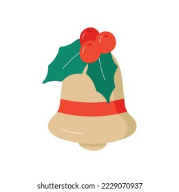 Vector golden Christmas bell with Holly branch with berries isolated on a white background.