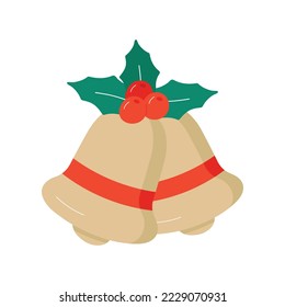 Vector golden Christmas bells with Holly branch with berries isolated on a white background.