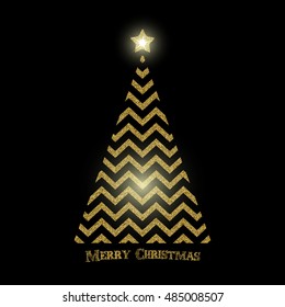 Vector golden Christmas tree illustration made with gold geometric ribbons and Merry Christmas typography. Light effects can be turned off