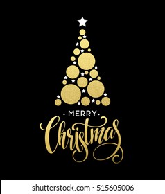 Vector Golden Christmas Tree Illustration Made With Glittering Circle And Star. Merry Christmas Lettering EPS10