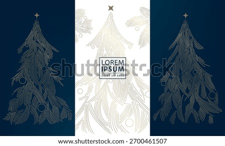 Vector golden Christmas tree line art, luxurious festive background with sparkling details and modern design. Holiday cards, New Year invitations, banners, and premium seasonal decorations.