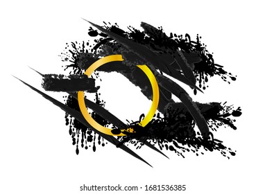 Vector golden circle frame with black brush strokes and paint drips isolated on white background, fashion concept, ink drops.