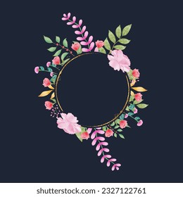 Vector golden circle frame with colorful watercolor floral wreath