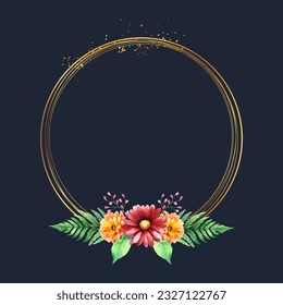 Vector golden circle frame with colorful watercolor floral wreath