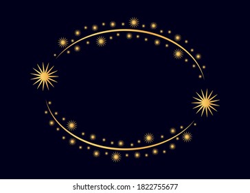 Vector golden circle star frame. Wreath for design, logo template. Stardust, stars, starry sky. Round frame with stars and glitter dots on white background. Vector background for card, invitation.