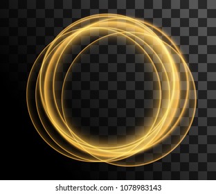 Vector golden circles with bright light effect. Glowing flare. Glitter particles effect. Vector illustration on transparent background. Website page and mobile app design.