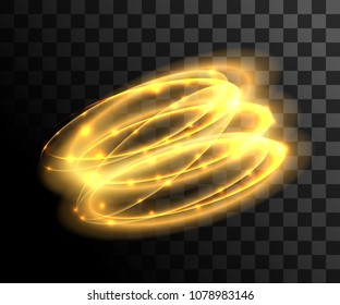 Vector golden circles with bright light effect. Glowing flare. Glitter particles effect. Vector illustration on transparent background. Website page and mobile app design.