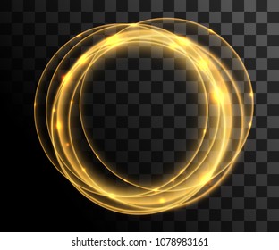 Vector golden circles with bright light effect. Glowing flare. Glitter particles effect. Vector illustration on transparent background. Website page and mobile app design.