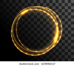 Vector golden circles with bright light effect. Glowing flare. Glitter particles effect. Vector illustration on transparent background. Website page and mobile app design.