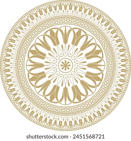 Vector golden classic Greek round ornament. Circle of Ancient Greece and the Roman Empire. Byzantine painting of walls, floors and ceilings. Decoration of European palaces.
