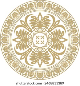 Vector golden classic Greek round ornament. Circle of Ancient Greece and the Roman Empire. Byzantine painting of walls, floors and ceilings. Decoration of European palaces.
