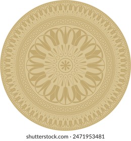 Vector golden classic Greek round ornament. Circle of Ancient Greece and the Roman Empire. Byzantine painting of walls, floors and ceilings. Decoration of European palaces.
