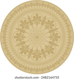 Vector golden classic Greek round ornament. Circle of Ancient Greece and the Roman Empire. Byzantine painting of walls, floors and ceilings. Decoration of European palaces.
