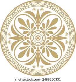 Vector golden classic Greek round ornament. Circle of Ancient Greece and the Roman Empire. Byzantine painting of walls, floors and ceilings. Decoration of European palaces.
