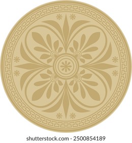 Vector golden classic Greek round ornament. Circle of Ancient Greece and the Roman Empire. Byzantine painting of walls, floors and ceilings. Decoration of European palaces.
