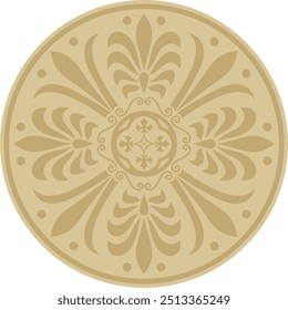 Vector golden classic Greek round ornament. Circle of Ancient Greece and the Roman Empire. Byzantine painting of walls, floors and ceilings. Decoration of European palaces.
