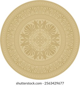 Vector golden classic Greek round ornament. Circle of Ancient Greece and the Roman Empire. Byzantine painting of walls, floors and ceilings. Decoration of European palaces.
