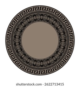 Vetor dourado clássico grego ornamento redondo. Quadro redondo com ornamento grego. Círculo da Grécia Antiga, Império Romano. Motivos bizantinos, egípcios, assírios e gregos. Para têxteis, bordados, cerâmica