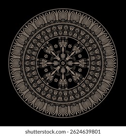 Vetor de ouro clássico grego redondo placa de porcelana. Placa circular da Grécia Antiga, Império Romano. Pintura bizantina. Para decoração de palácios europeus, cerâmica, têxtil, bordados, porcelana, placa