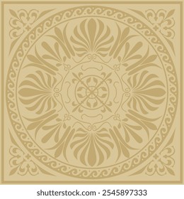 Vector golden classic Greek square ornament. Rectangle of Ancient Greece and Roman Empire. Byzantine painting of walls, floors and ceilings. Decoration of European palaces.
