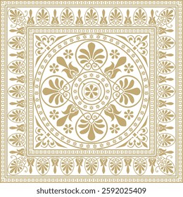 Vector golden classic Greek square ornament. Rectangle of Ancient Greece and Roman Empire. Byzantine painting of walls, floors and ceilings. Decoration of European palaces.
