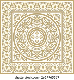 Ornamento quadrado grego clássico dourado do vetor. Retângulo da Grécia Antiga e Império Romano. Pintura bizantina de paredes, pisos e tetos. Decoração de palácios europeus.
