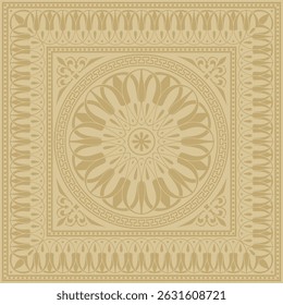 Ornamento quadrado grego clássico dourado do vetor. Retângulo da Grécia Antiga e Império Romano. Pintura bizantina de paredes, pisos e tetos. Decoração de palácios europeus.
