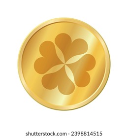 Vector golden coin with clover on white.