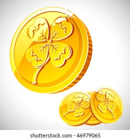 Vector golden coin with clover sign