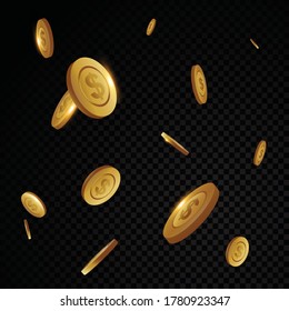 Vector golden coin falling isolated on black background