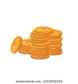 Vector golden coins with clover. Stacks of gold coins on a white background.