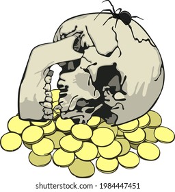 Vector of golden coins and human skull with big spider on forehead