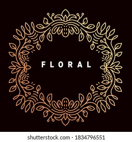 Vector golden color template with text floral and ornament round frame on dark background