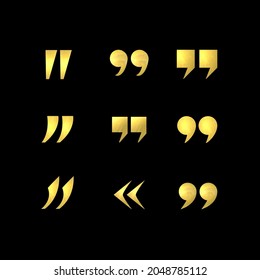 Vector Golden Colored Glittering Metallic Texture Quote Marks Set, Isolated on Black Background Decorative Elements.