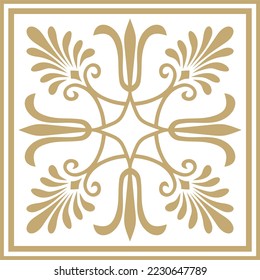 Vector golden colored square ornament of ancient Greece. Classic tile pattern of the Roman Empire.
