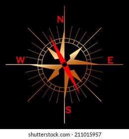 Vector golden compass rose icon on dark background