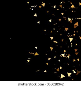 Vector golden confetti. Falling tinsel and confetti background from minimalistic geometrical confetti and ribbons. Flat falling glitter.