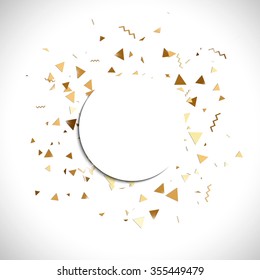 Vector golden confetti. Falling tinsel and confetti background from minimalistic geometrical confetti and ribbons. Flat falling glitter.