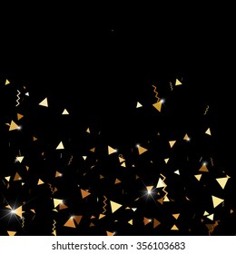 Vector golden confetti. Falling tinsel and confetti background from minimalistic geometrical confetti and ribbons. Flat falling glitter.